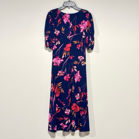 Vince Camuto Floral V-Neck‎ Midi Dress Size 4 Navy Pink Ruched Feminine Romantic - Picture 12 of 15